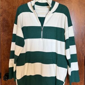 Green and White Striped Women’s Half Zip Sweater